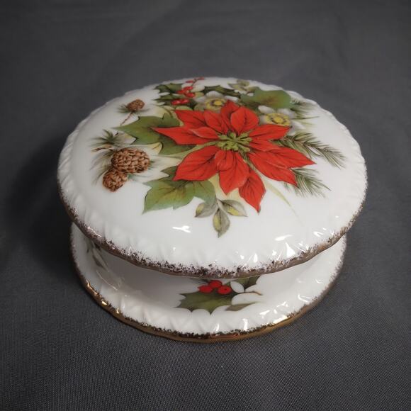 Poinsettia Lidded Candy Dish Vtg Flambro Fine China Christmas Rose Collection - Picture 1 of 9